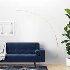 a living room with a blue couch, rug and potted plant on the floor