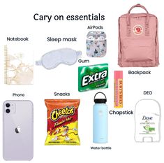 the contents of a backpack, water bottle, cell phone and other items are shown