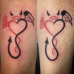 two hearts with wings and an arrow tattoo on their legs, both are black and red