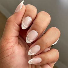 Classic Double French | Almond | Medium – Olive and June Mother Of Pearl French Tip Nails, Double Lined French Tip Nails, Double French Tip Nails Almond, Nails Almond Brown, Double French Manicure, Double French Tip Nails, French Tip With A Twist, Double French Nails, Double French Tip