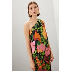 Black floral satin (100% Silk). Shift. Sleeveless. One shoulder. Side zipper closure. 61" from shoulder to hemline. Imported. Summertime Cocktail, Rent The Runway, Closet Designs, Cocktail Party, Black Floral, Side Zipper, One Shoulder, Satin, Silk