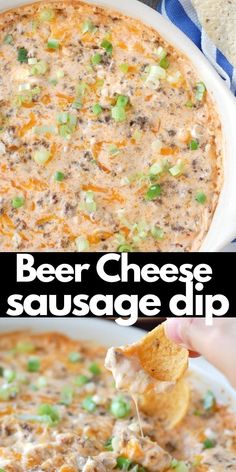 hot sausage beer cheese dip in a white bowl