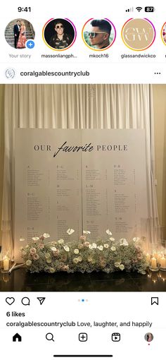 a table with candles and flowers on it next to a sign that says our favorite people