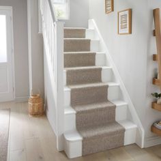 there is a set of stairs with carpet on the bottom and second handrails