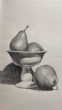 a pencil drawing of two pears in a bowl on a table top next to an eggplant