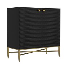 a black cabinet with gold accents on the top and bottom, against a white background