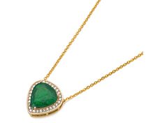 3.53 Ctw Emerald With 0.21 Ctw White Diamond Pendant With Chain in 14K YG Metal - 4.30 Grams Gold Diamond Necklace With Pear-shaped Gemstone, Gold Pear-shaped Diamond Necklace With Gemstone, Gold Pear-shaped Gemstone Diamond Necklace, Gold Pear-shaped Jewelry With Pave Setting, Pendant With Chain, Diamond Pendant, White Diamond, Gold Diamond, Emerald