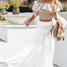 Vacation Skirts, New Crop Top, Skirts Vintage, Knit Swimwear, Solid Skirt, White Maxi Skirts, Bohemian Maxi, Tiered Maxi Skirt, Round Neck Dresses