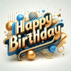 the happy birthday text is surrounded by balloons and confetti on a white background