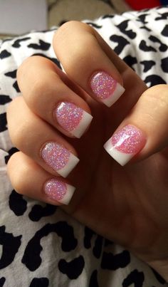 Pink Tip Nails, Glitter Tip Nails, Emerald Nails, French Tip Nail Designs, French Tip Acrylic Nails, Tip Nails, Nails Polish, Pink Nail