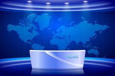 a news studio with a world map on the wall and blue lighting in the background