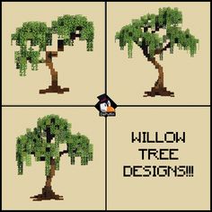 four different pictures of a tree with the words willow tree designs on it and an image of a toucan