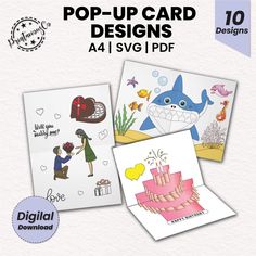 some cards with different designs on them and the words pop - up card designs below