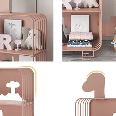 three different views of a pink book shelf with books and toys on it, including a toy horse