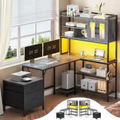 a computer desk sitting in front of a window next to a book shelf and filing cabinet