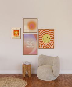 a living room with pictures on the wall and a chair