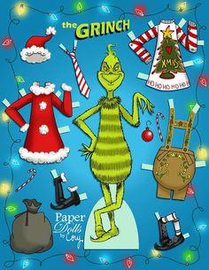 the grinch paper doll is surrounded by christmas decorations and accessories on a blue background