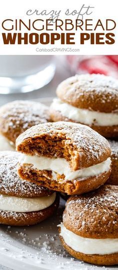 gingerbread whoopie pies are stacked on top of each other with cream cheese filling