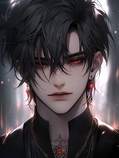 an anime character with black hair and red eyes