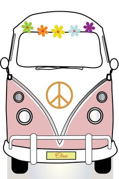 the hippie van is decorated with flowers and peace signs