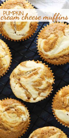 pumpkin cream cheese muffins on a cooling rack with the words, pumpkin cream cheese muffins