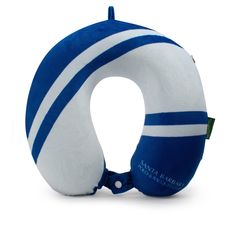 a blue and white striped neck pillow on a white background with clipping for text