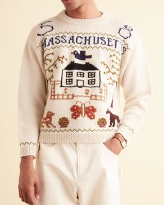 Homestead Sampler Sweater Embroidered Wool Sweater For Fall, White Scandinavian Style Sweater For Fall, White Scandinavian Sweater For Fall, White Scandinavian Style Fall Sweater, Embroidered Wool Sweater For Winter, Scandinavian Style Jacquard Knit Sweater For Fall, Scandinavian Jacquard Knit Sweater For Fall, Antique Embroidery, Embroidery Sampler