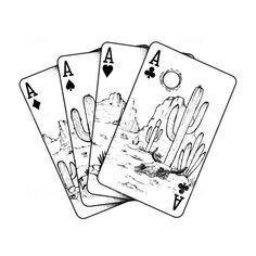 three playing cards with cactus designs on them