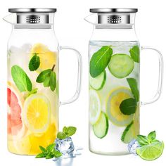 two pitchers filled with lemon, lime and cucumber slices next to ice cubes