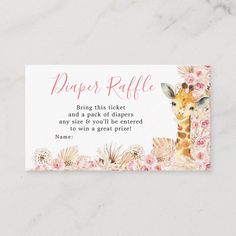 a baby giraffe ticket card with pink flowers on the front and bottom, says diaper raffle