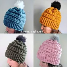 four different hats with pom poms on them