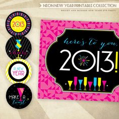 the new year's eve party badges are shown in black, pink and yellow