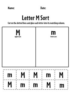 the letter m sort worksheet for children to practice their handwriting and writing skills