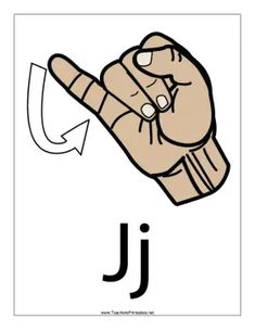 the letter j is for hand with an arrow pointing up to it's left side