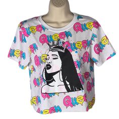 Take That By Bailey Apparel Queen Graphic Crop Top Size Medium Color: Multicolor/Pink, Blue, Yellow, White Short Sleeve Cropped 65% Polyester 35% Cotton Nwot Pink Graffiti Print Top For Spring, Multicolor Graffiti Print Top For Spring, Colorful Graphic Print T-shirt, Trendy Pink Tops With Graffiti Print, Trendy Pink Graffiti Print Tops, Trendy Multicolor Graphic Print Crop Top, Trendy Multicolor Crop Top With Graphic Print, Pink Spring Crop Top For Streetwear, Spring Pink Crop Top For Streetwear