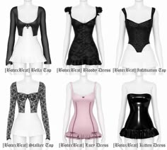 four different types of corsets on mannequins, all in black and white