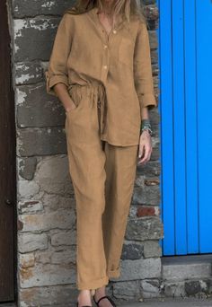 Lasaky - Luxurious High-Waisted Wide-Leg Pyjama Set Linen Two Piece Set, Fall Winter Dresses, Linen Suit, Casual Sets, Shirt And Pants, Linen Women, Linen Clothes, Long Blouse, Belleza Natural