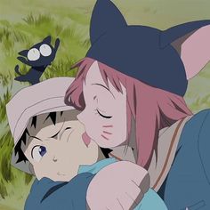 two anime characters hugging each other in the grass with a black cat on their shoulder