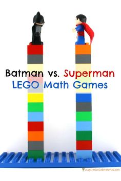 two legos are standing on top of each other with the words batman vs superman