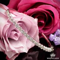 a close up of a pink rose with a diamond bracelet on it's side