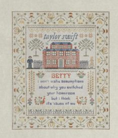 a cross stitch sample with the words, stay home and an image of a house on it