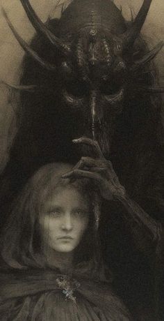 a black and white photo of a woman in front of a demonic demon with horns on her head