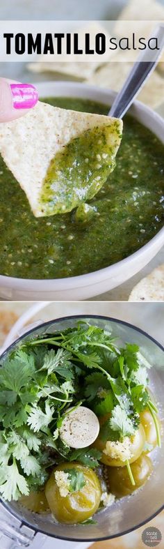 two pictures showing the process of making salsa with tortilla chips and cilantro