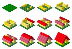 a set of nine different houses made out of lego blocks, including one with a red roof