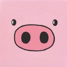 a pink pig with black eyes on it's face is featured in this painting