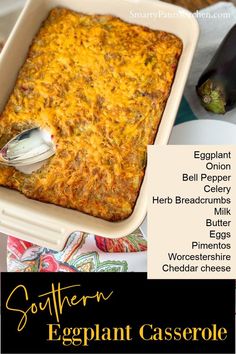 Eggplant casserole in white baking dish Cheesy Eggplant Casserole, Eggplant Casserole Recipes Simple, Eggplant Parmesan Easy, Cheesy Eggplant, Fall Casserole, Eggplant Casserole, Easy Casserole Dishes, Eggplant Recipes Easy, Cheap Recipes