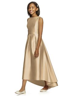 Match The Adult Bridesmaids! Junior Version Of Style D706.  Full Length Sleeveless Sateen Twill Dress Has Bateau Neckline And Hi-low Hem. Open Back. Self Belt At Natural Waist Matches Skirt. Pockets At Side Seams Of Pleated Skirt. Sizes Available: 6jb-14jb Regular Or Extra Length. Shown In Golden. Dessy Bridesmaid Dresses, Twill Dress, Dessy Collection, Champagne Bridesmaid Dresses, Elegant Bridesmaid Dresses, Skirt Pockets, Junior Bridesmaid Dress, Bridesmaid Dresses Online, Bridesmaid Style