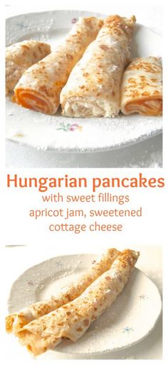 the cover of hungarian pancakes with sweet fillings, apricot jam, sweetened cottage cheese