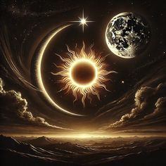 the sun and moon are depicted in this artistic painting