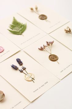 six different types of buttons and flowers on cards